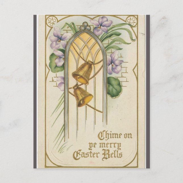 Cartão Postal Páscoa de Sininhos Antigos e Flores Roxas (Frente)
