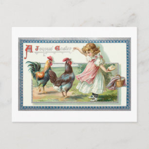 Cartão Postal Páscoa De Vintage, Galo e Rapariga