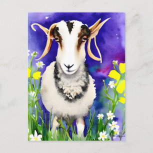 Cartão Postal Páscoa primavera Jacob Sheep Floral Watercolor