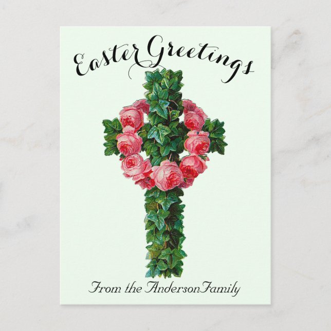 Cartão Postal Páscoa religiosa da Cruz Floral Verde Ivy (Frente)