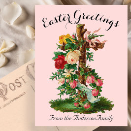 Cartão Postal Páscoa Religiosa Rosa Floral Cruz Vintage