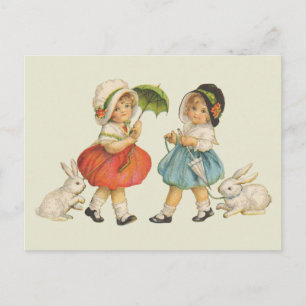 Cartão Postal Páscoa Vintage Crianças Coelhinhos Toucas Antigo