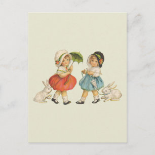 Cartão Postal Páscoa Vintage Crianças Coelhinhos Toucas Antigo