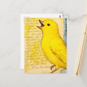 Cartão Postal Pássaro Amarelo Mídia Mista