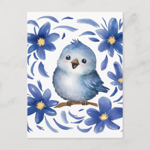 Cartão Postal Pássaro Azul com flores