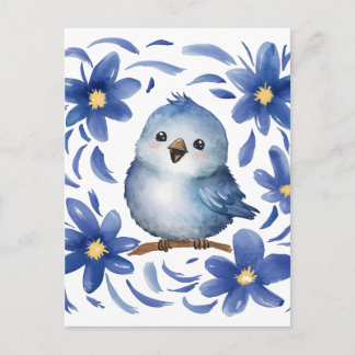 Cartão Postal Pássaro Azul com flores