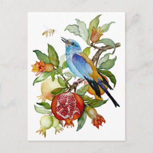 Cartão Postal Pássaro Azul Entre Romãs Aquarela Botânica