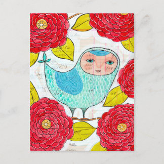 Cartão Postal Pássaro Azul na Arte Primavera Vermelha