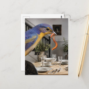 Cartão Postal Pássaro Azul na Sala de Jantar Colagem Surrealista