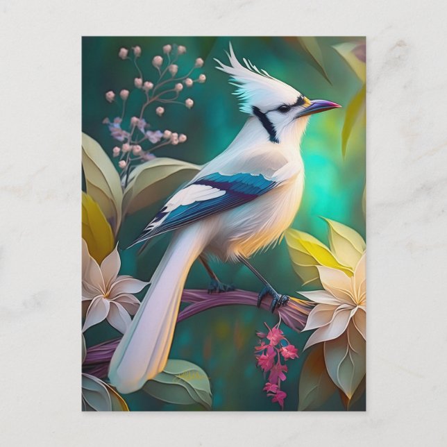 Cartão Postal Pássaro Branca de Teal Wing Jay Fantasy (Frente)