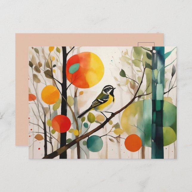 Cartão Postal Pássaro Canino De Aquarelas Na Floresta Do Outono (Frente/Verso)
