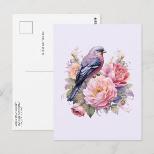 Cartão Postal Pássaro Cantando sobre Peônias Rosa
