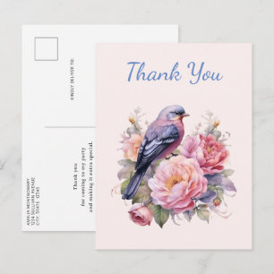 Cartão Postal Pássaro Cantando sobre Peônias Rosas Obrigado