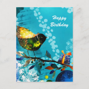 Cartão Postal Pássaro Cantante Feliz Elegante Dourado Desejos Aq