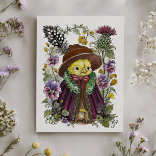 Cartão Postal Passaro Caprichoso com Roupas Vitorianas e Flor Si