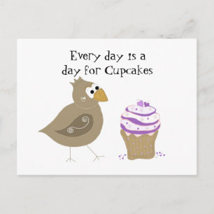 Cartão Postal Pássaro Caprichoso e Cupcake