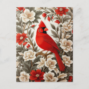 Cartão Postal Pássaro Cardinal do Norte Floral Bonito