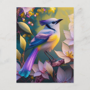 Cartão Postal Pássaro de Fantasia Amarelo Violet Tufado
