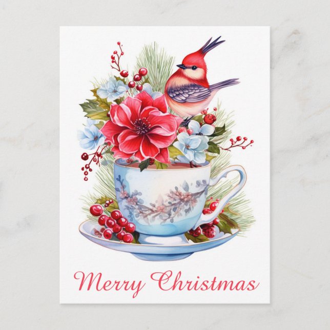 Cartão Postal Pássaro de Natal bonito Holly Floral Teacup Tea (Frente)