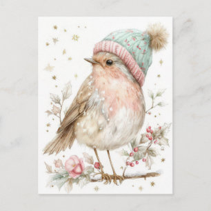 Cartão Postal Pássaro de Natal Pastel Festivo e Elegante