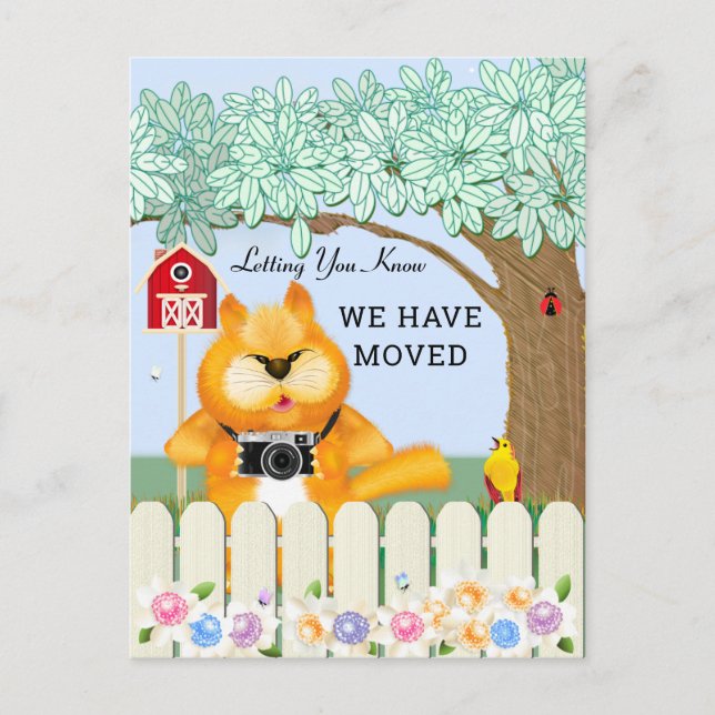 Cartão Postal Pássaro e Gato no Jardim | Mudança de endereço (Frente)