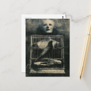 Cartão Postal Passaro e Pessoa Caged Surrealista Preto e Branco