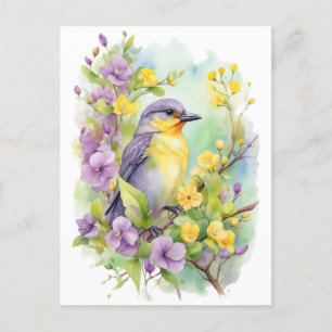 Cartão Postal Pássaro em aquarela com flores violeta e amarelas 