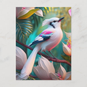 Cartão Postal Pássaro Fantasia com Crista Branca e Peito Rosado