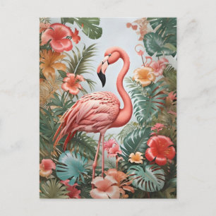 Cartão Postal Pássaro Flamingo Rosa Elegante e Flores Tropicais