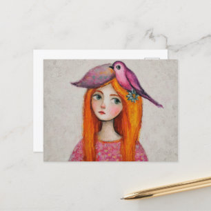Cartão Postal Pássaro Rosa Engraçado no Cabelo