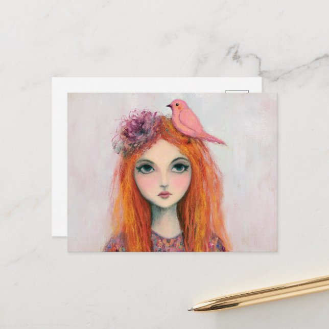 Cartão Postal Pássaro rosa no cabelo (Frente/Verso In Situ)