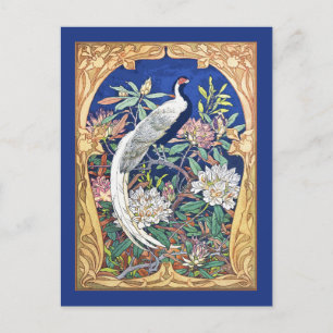 Cartão Postal Pássaro Tropical Elegante e Flores Azul