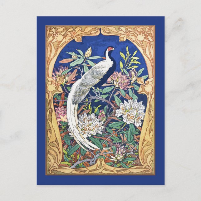Cartão Postal Pássaro Tropical Elegante e Flores Azul (Frente)