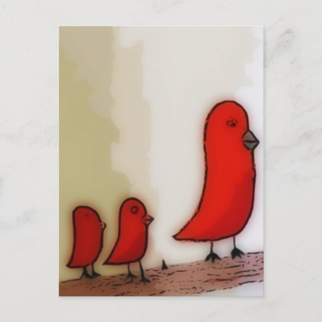 Cartão Postal Pássaro vermelho com arte dos bebês (Frente)