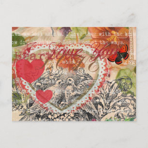 Cartão Postal Pássaros Adorados Coração Rosa