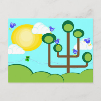 Cartão Postal Pássaros azuis, árvore verde e sol