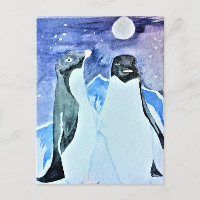Cartão Postal Pássaros com Aquarela Antártica Cute Pinguins (Frente)