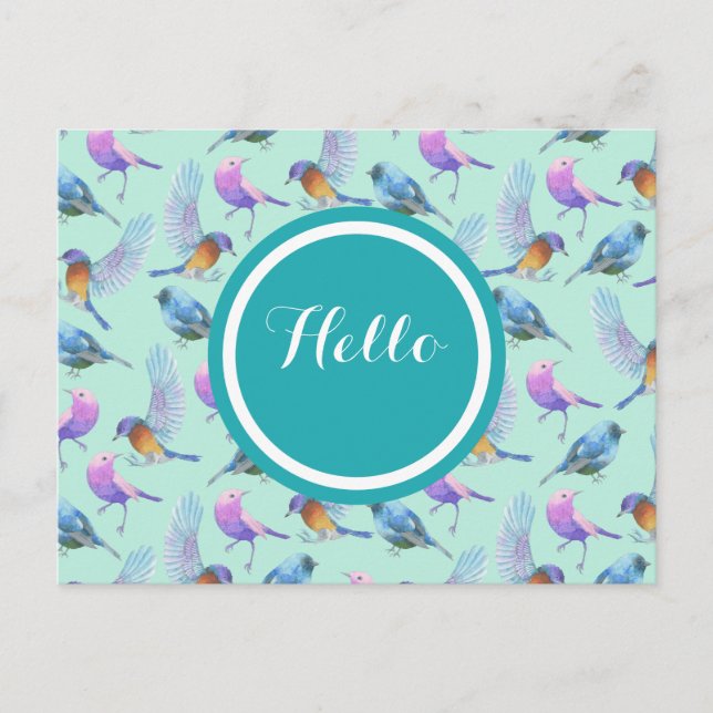 Cartão Postal Pássaros com aquarela padrão em rosa e azul (Frente)