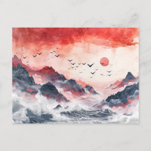 Cartão Postal Pássaros de Aquarela Chinesa Voando sobre Montanha