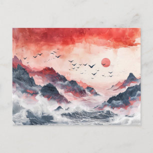 Cartão Postal Pássaros de Aquarela Chinesa Voando sobre Montanha