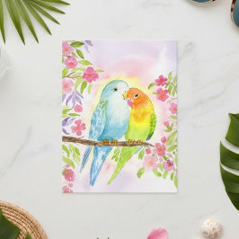 Cartão Postal Pássaros do Amor em Aquarela com Flores Rosa