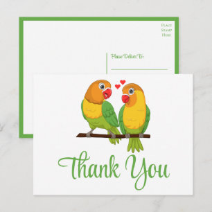 Cartão Postal Pássaros do Amor Verde Amarelo Casamento Obrigado