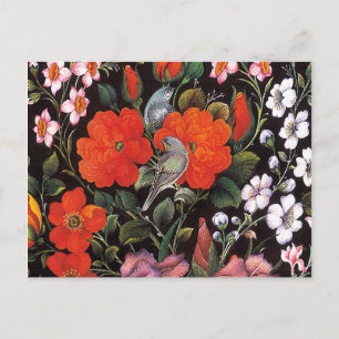 Cartão Postal Pássaros em flores vermelhas arte oriental elegant
