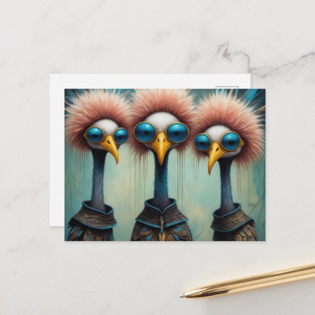 Cartão Postal Pássaros Engraçados em Suéteres (Frente/Verso In Situ)