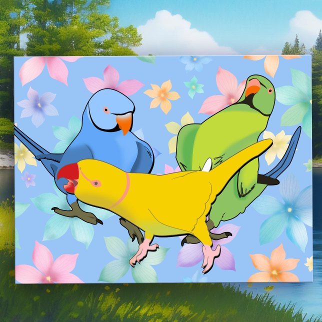 Cartão Postal Pássaros Pet Brincadinhos Vibrantes Da Índia (Vibrant Indian Ringneck Parakeet Postcard - Playful Pop Art Birds in Green, Blue & Yellow )