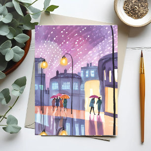 Cartão Postal Passeio Chuvoso Lofi Aquarela Luzes Coloridas da