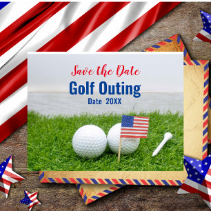 Cartão Postal Passeio de Golfe Salve a Data com Bandeira da Amér