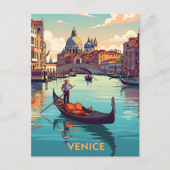 Cartão Postal Passeio de gôndola em Veneza com edifícios históri (Frente)