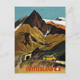 Cartão Postal Passeio de ônibus pela Suíça, viagem vintage