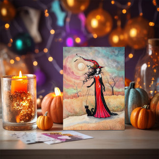 Cartão Postal Passeio de Outono Arte de Bruxa de Halloween e Gat